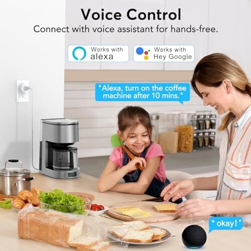 Mother and daughter using voice control for kitchen appliances.