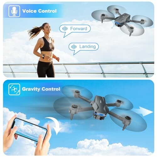 Woman jogging with voice-controlled drone, and hand using gravity control on smartphone.