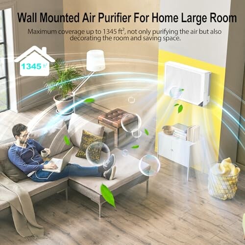 Wall mounted air purifier in a modern living room with a person sitting on a couch.