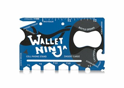 Wallet Ninja multitool with various functions like bottle opener and ruler.