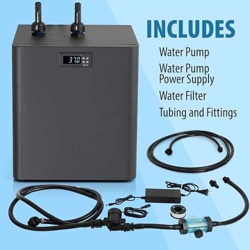 Water pump kit with components including pump, power supply, filter, tubing, and fittings.