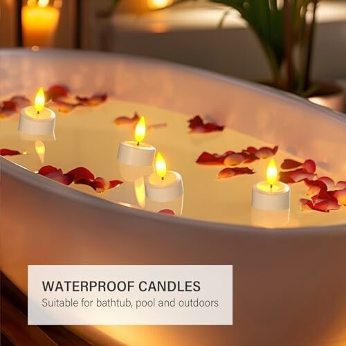 Bathtub with floating waterproof candles and rose petals.