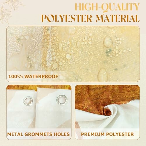 High-quality polyester material showcasing waterproof properties, metal grommet holes, and premium polyester fabric.