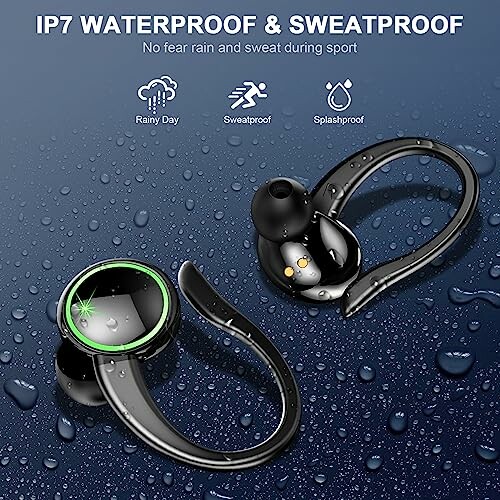 IP7 waterproof and sweatproof earbuds with water droplets and icons for rainy day, sweatproof, and splashproof.