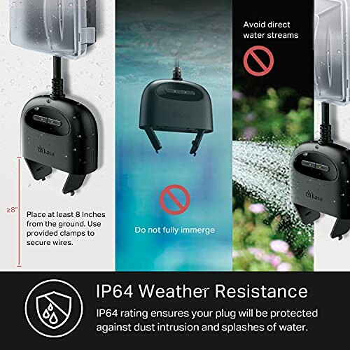 IP64 weather-resistant plug with installation guidelines.