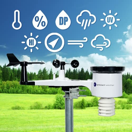 Weather station with sensors and icons for temperature, humidity, dew point, rain, UV, and wind speed against a green field backdrop.