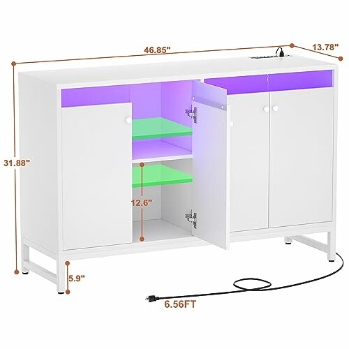 White cabinet with open doors, interior shelves, and measurements