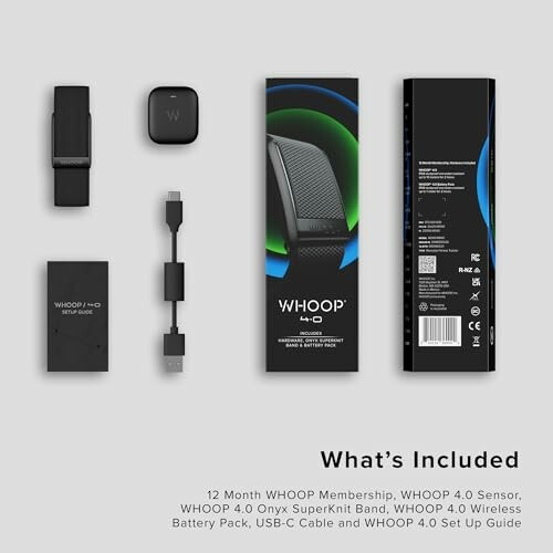 Contents of WHOOP 4.0 package including sensor, band, battery pack, cable, and guide.
