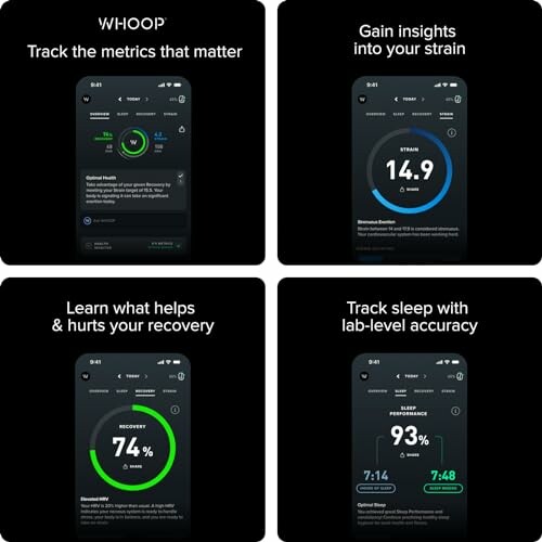 Whoop app screens showing metrics for strain, recovery, and sleep tracking.