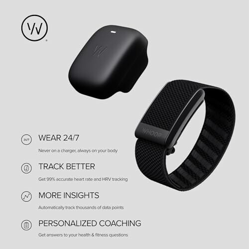 Whoop fitness tracker and charger with features listed.