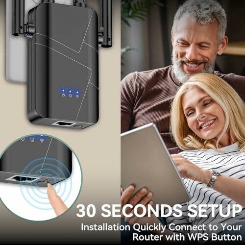 Couple setting up a WiFi extender with a tablet.