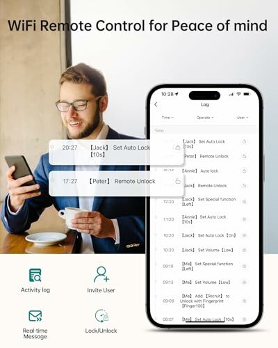 Man using a smartphone with a WiFi remote control app interface displayed on screen.