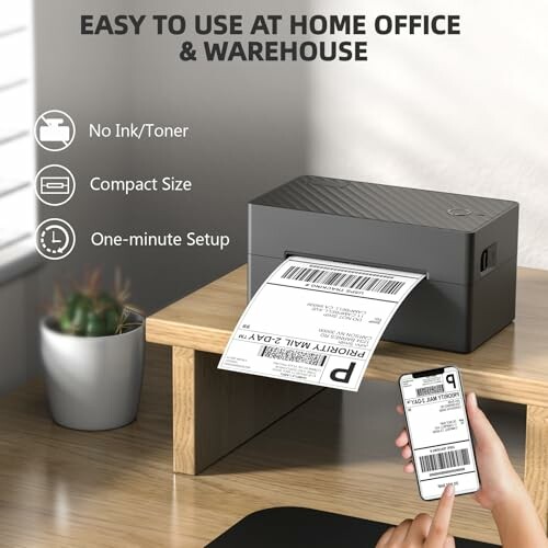 Wireless label printer on a desk with a smartphone displaying a label.