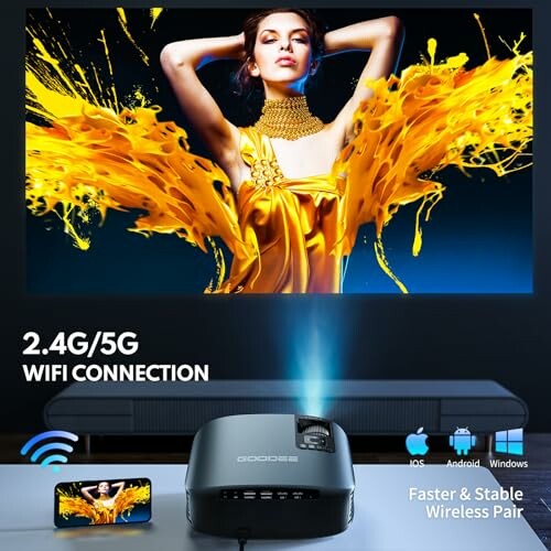 Projector displaying vibrant image with WiFi connection options.