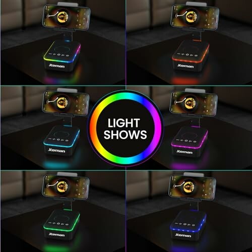 Wireless speaker with smartphone holder and colorful LED lights.