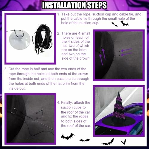 Instructions for installing a witch hat car decoration with images and steps.
