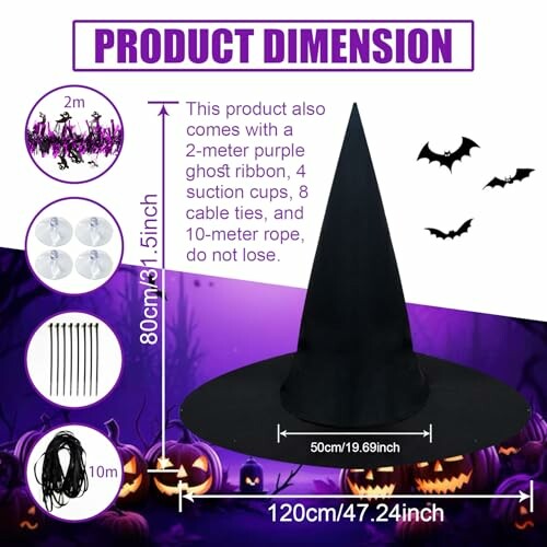 Halloween witch hat dimensions and accessories with bats and pumpkins.