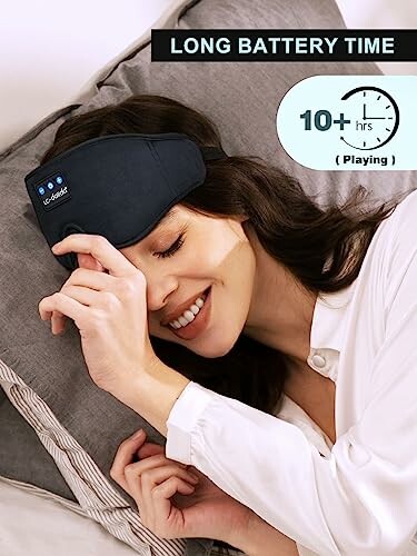 Woman wearing sleep headphones with long battery time.