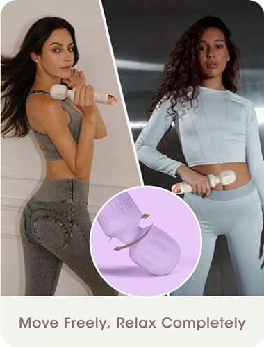 Two women holding massage devices with a product close-up in the center.
